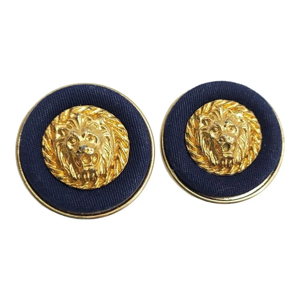Navy Blue Fabric Gold Tone Lion Large Vintage Clip Earrings
